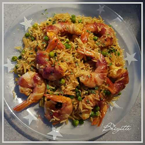 Crevettes au lard et riz safrané