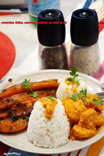 Crevettes folles accompagnées de carottes confites au miel et de riz
