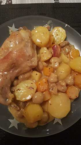 Cuisses de lapin. P.de terre, carottes et champignons à la moutarde