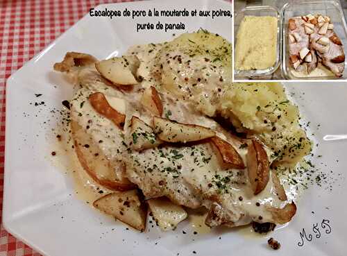 Escalopes de porc à la moutarde et aux poires, purée de panais