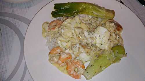 Filet de julienne sauce beurre/citron crevettes riz et poireaux