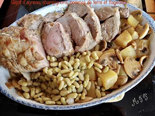 Gigot d’agneau aux champignons, pommes de terre et flageolets