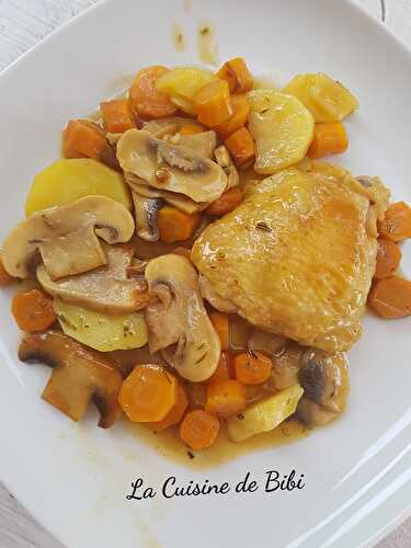 Hauts de cuisses de poulet, p.de terre, carottes et Champignons