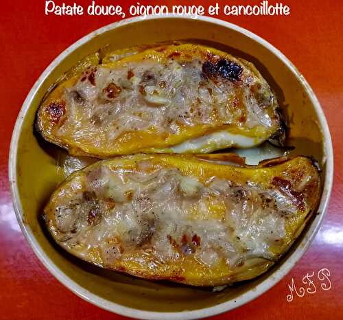 Patate douce, oignon rouge et cancoillotte