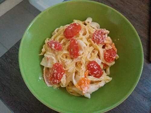 Pâte fraiche au surimi tomate cerise et fromage madame Loïc