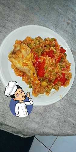 Pilons de poulet, riz, tomates, petits pois