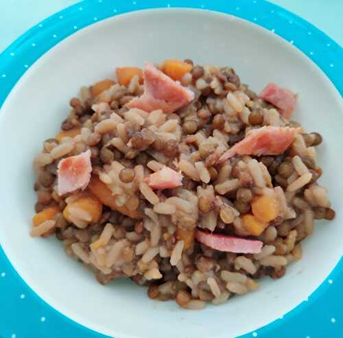 Lentilles, riz, jambon à griller