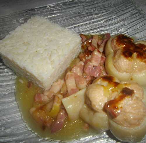 Paupiettes de Porc au vin blanc, pommes de terre, lardons