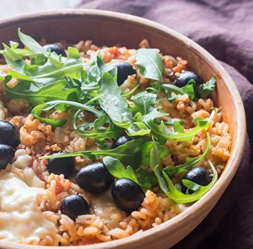 Risotto tomate, olive, Mozzarella