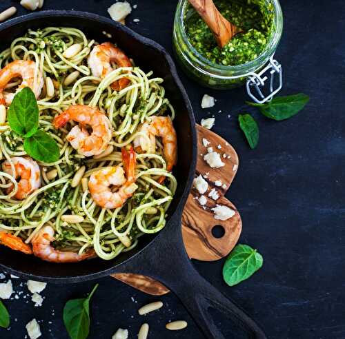 Spaghetti aux crevettes sauce pesto