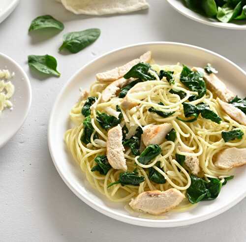 Spaghettis poulet et feuilles d’épinard