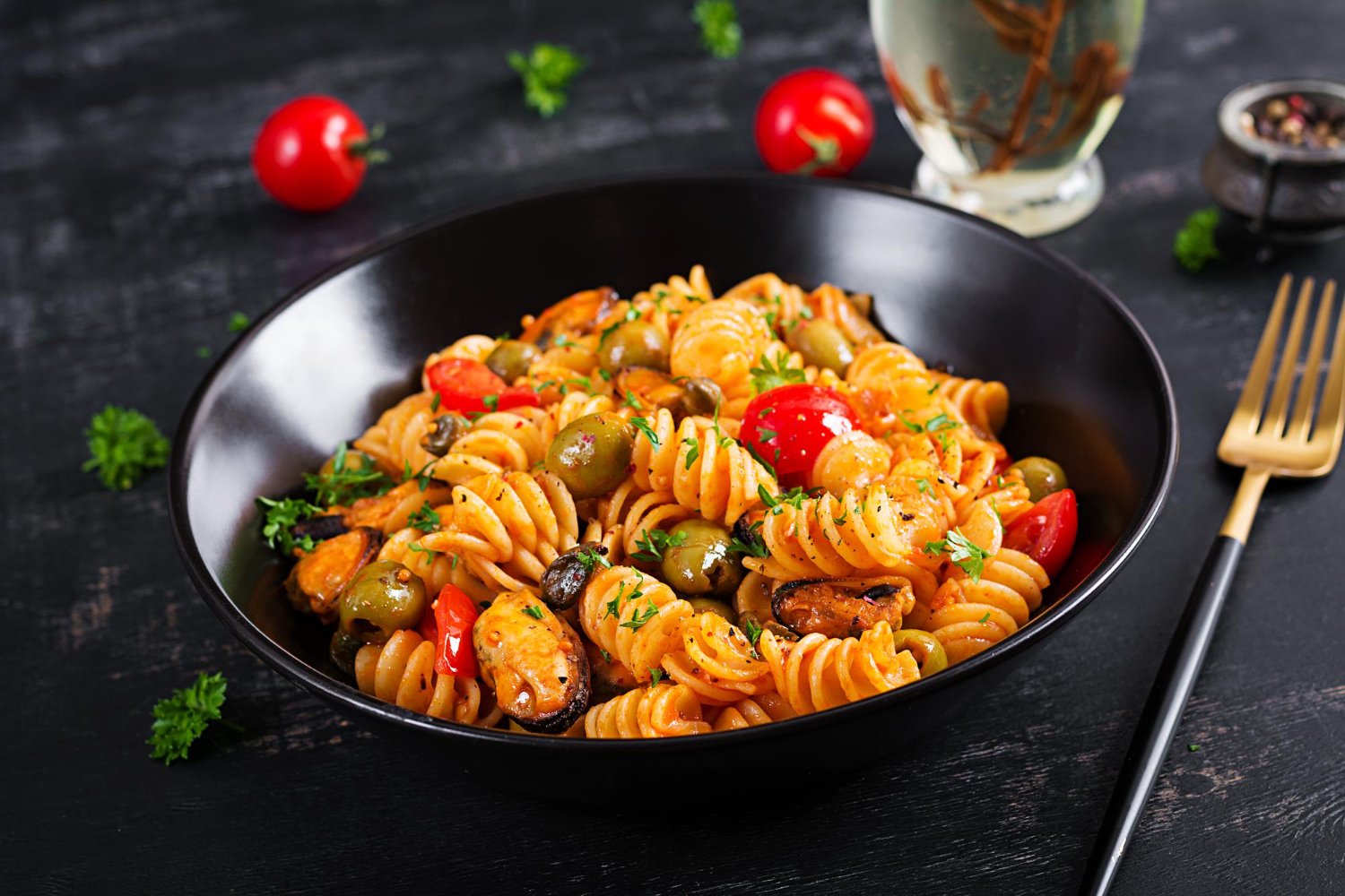 Fusilli Marinara à l’Italienne avec Moules, Olives Vertes et Câpres à l'autocuiseur cookéo