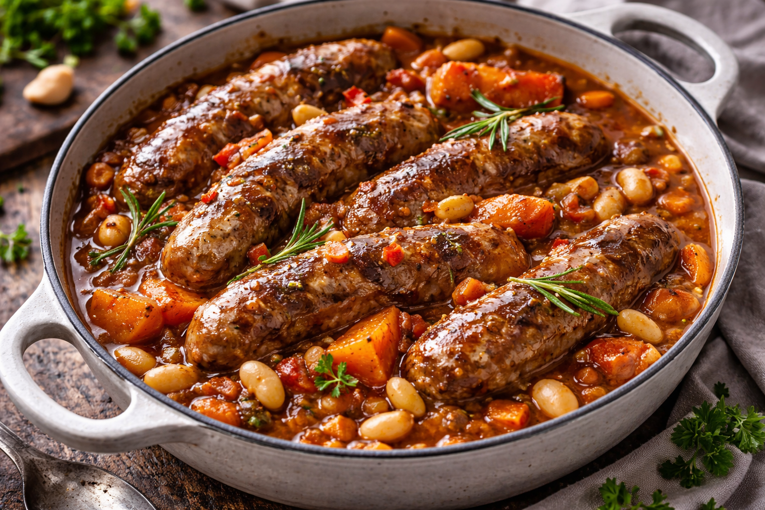 Cocotte express de saucisses, haricots blancs et patates douces au multicuiseur Moulinex