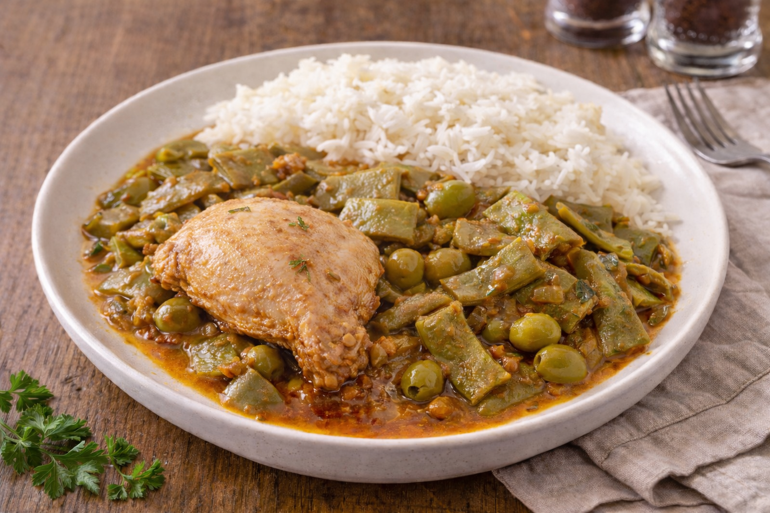 Cuisses de poulet colombo, haricots plats et olives vertes au robot multi-cuiseur Moulinex