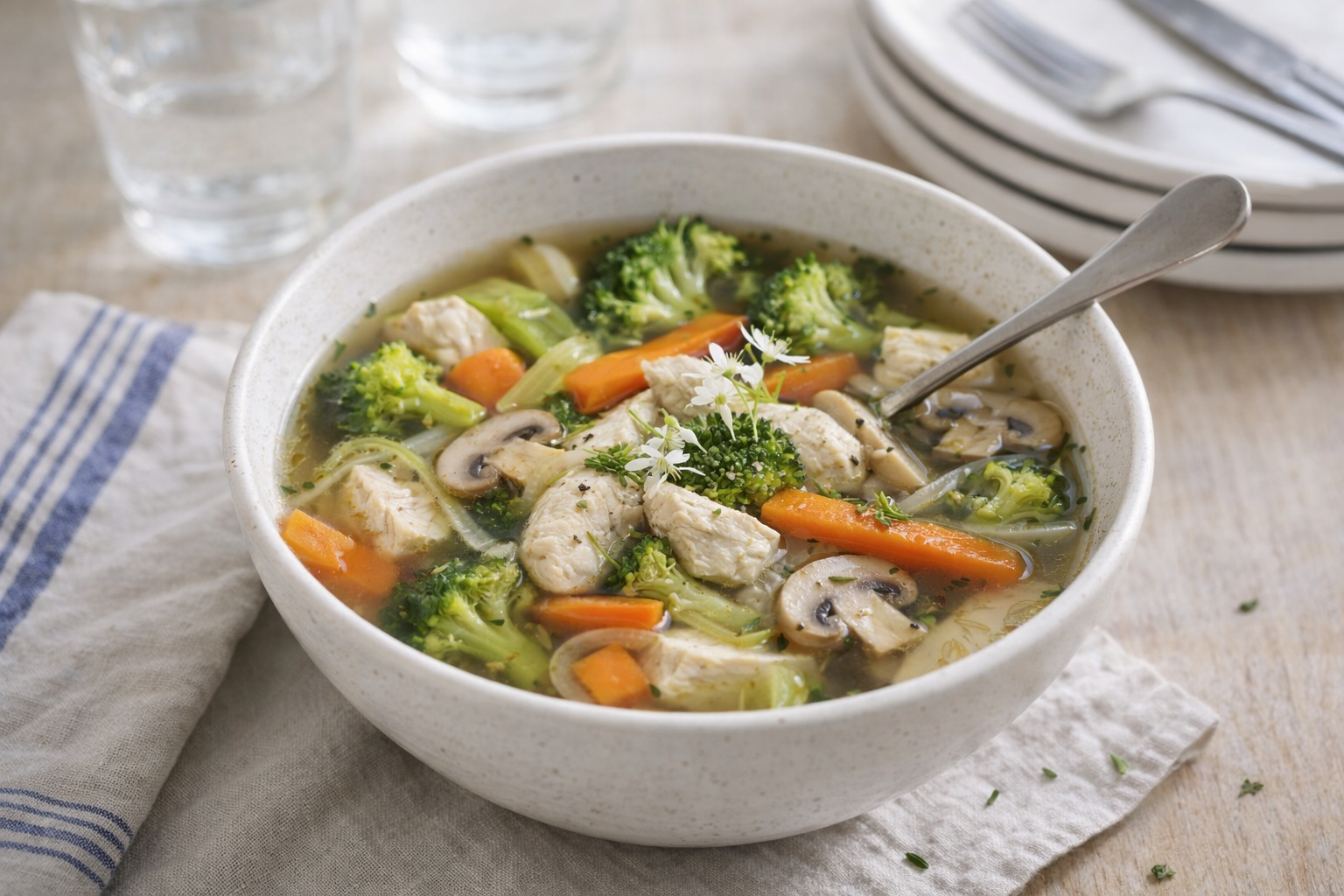 Soupe express poulet, brocoli et champignons au multicuiseur cookéo