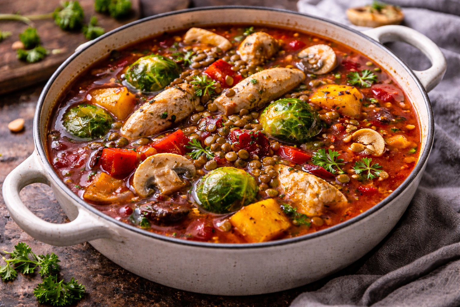 Soupe rouge rustique au poulet et lentilles au cookéo