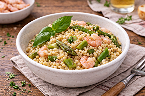 Fregola aux asperges et crevettes express au cookéo