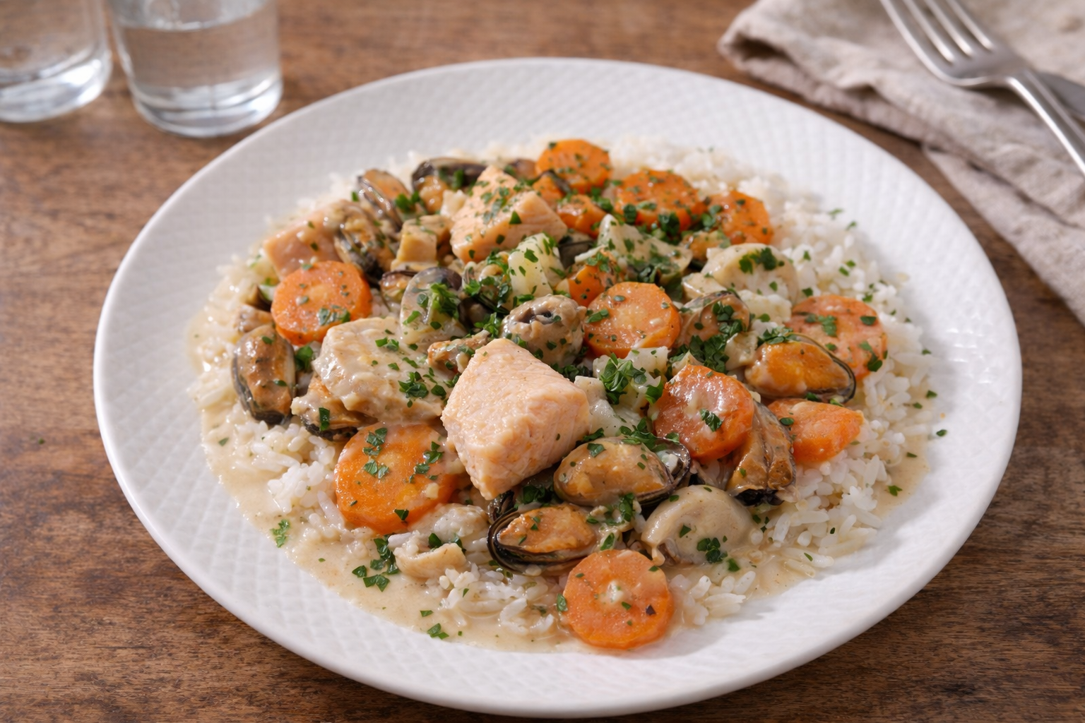 Blanquette express de saumon et moules au robot multi-cuiseur Moulinex