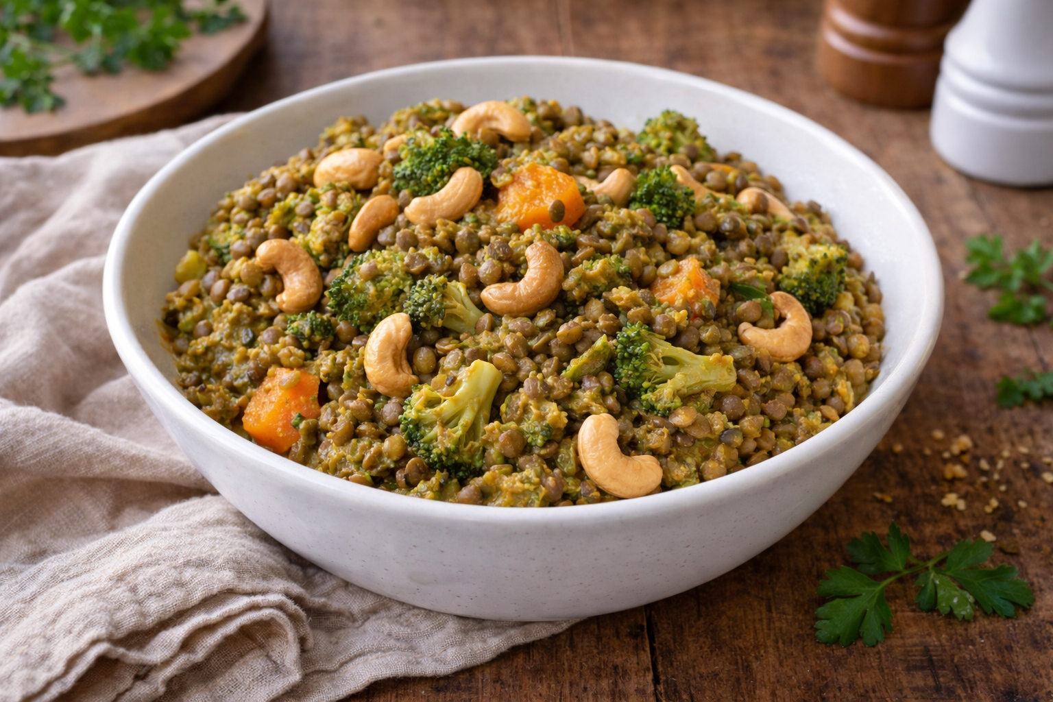Curry coco de lentilles, brocoli et cajou au cookéo
