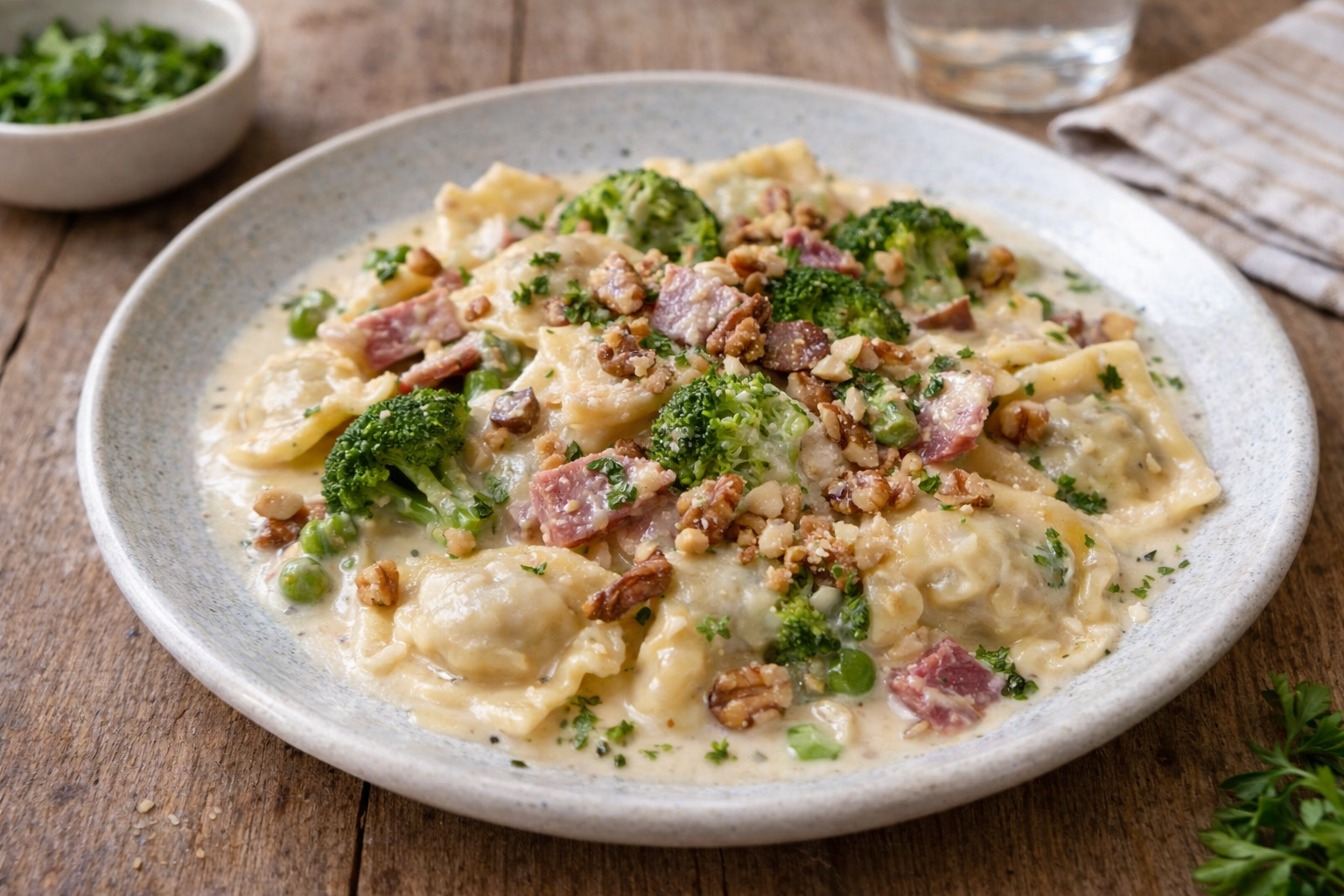 Raviolis fondants au bleu, noix et brocoli au cookéo