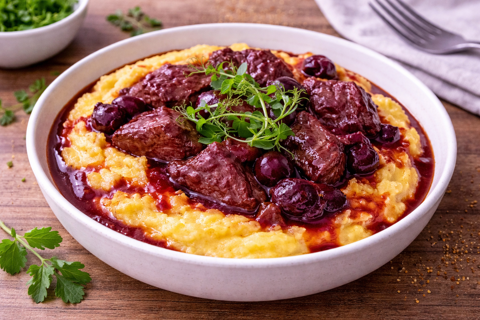 Bœuf mijoté aux cerises noires et polenta crémeuse à l'autocuiseur Moulinex