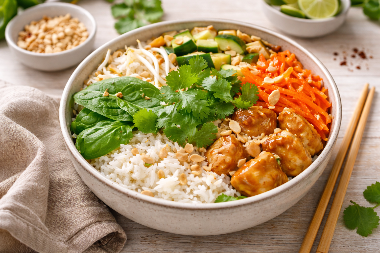 Bowl familial de poulet façon satay, riz basmati et crudités croquantes au multicuiseur Moulinex