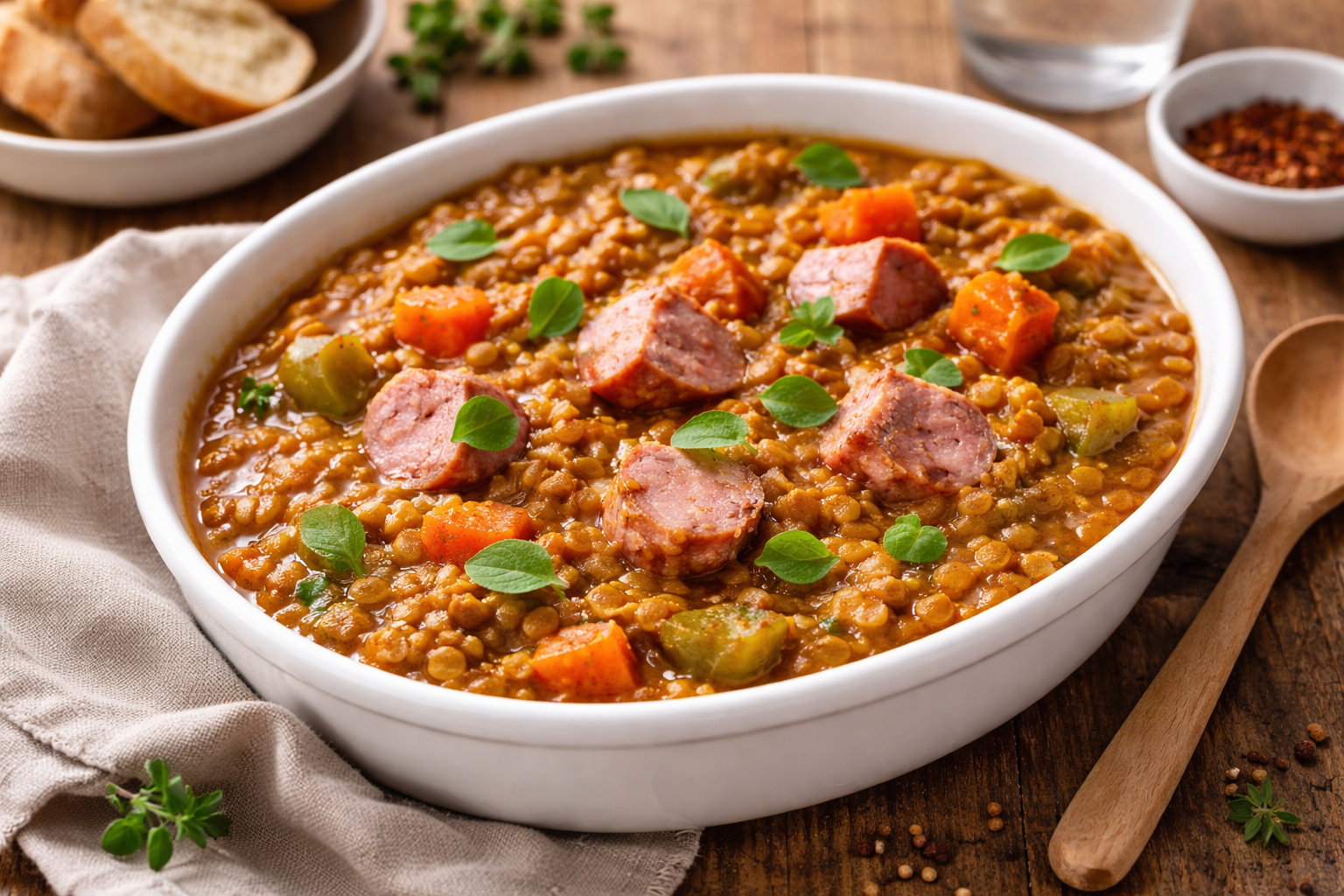 Cari express de saucisses fumées, lentilles vertes et légumes au cookéo