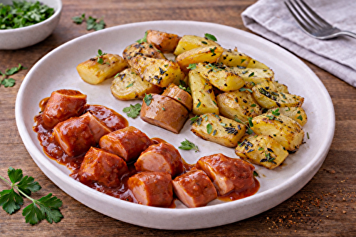 Currywurst maison et pommes de terre fondantes aux herbes au robot multi-cuiseur cookéo