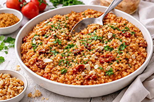 Orge crémeux tomate confite et sauce poivrons au cookéo