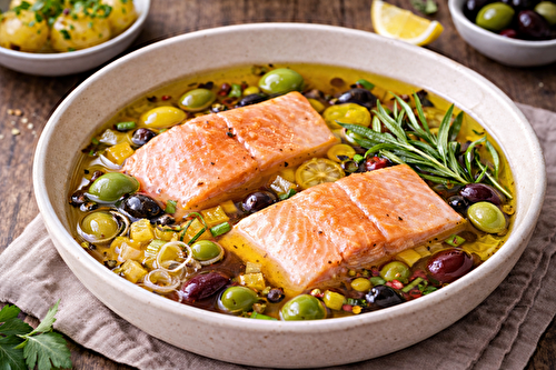 Pavés de truite confits à l’huile d’olive, olives et estragon au cookéo