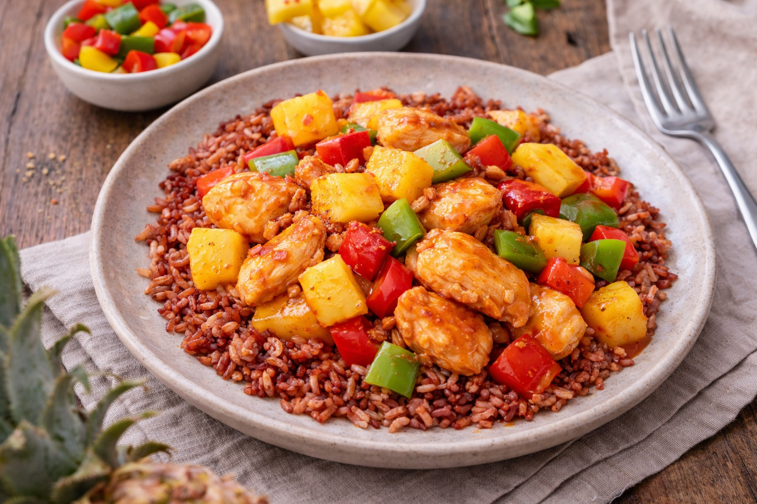 Poulet sucré-salé à l’ananas et poivrons, riz complet à l'autocuiseur Moulinex