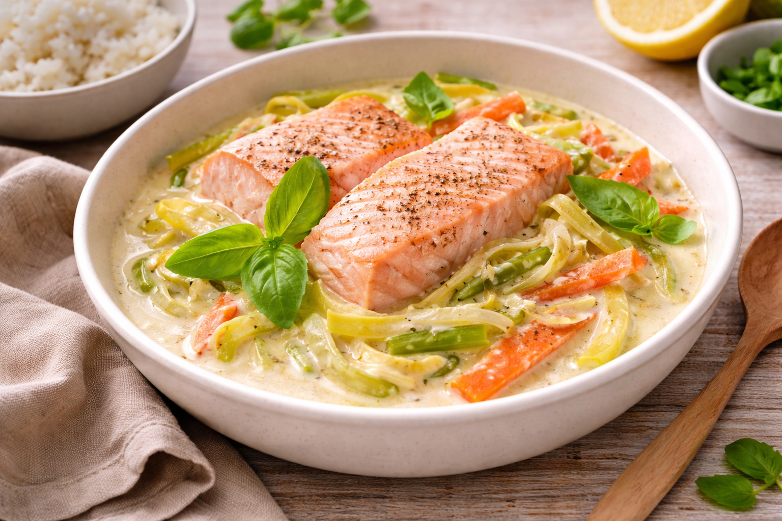 Saumon crémeux aux légumes façon waterzoï, basilic frais à l'autocuiseur cookéo