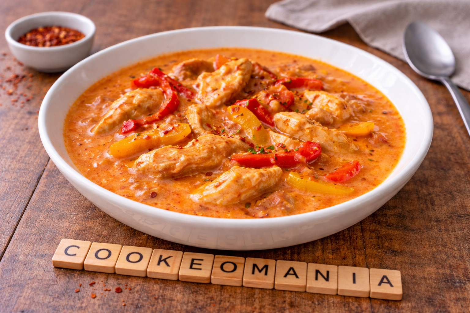 Émincé de poulet aux trois poivrons, sauce relevée au cookéo