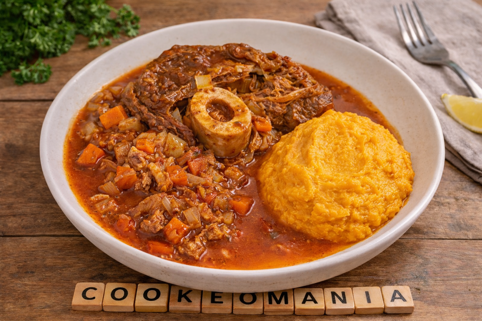 Jarret de veau façon ossobuco et purée patate douce céleri à l'autocuiseur Moulinex