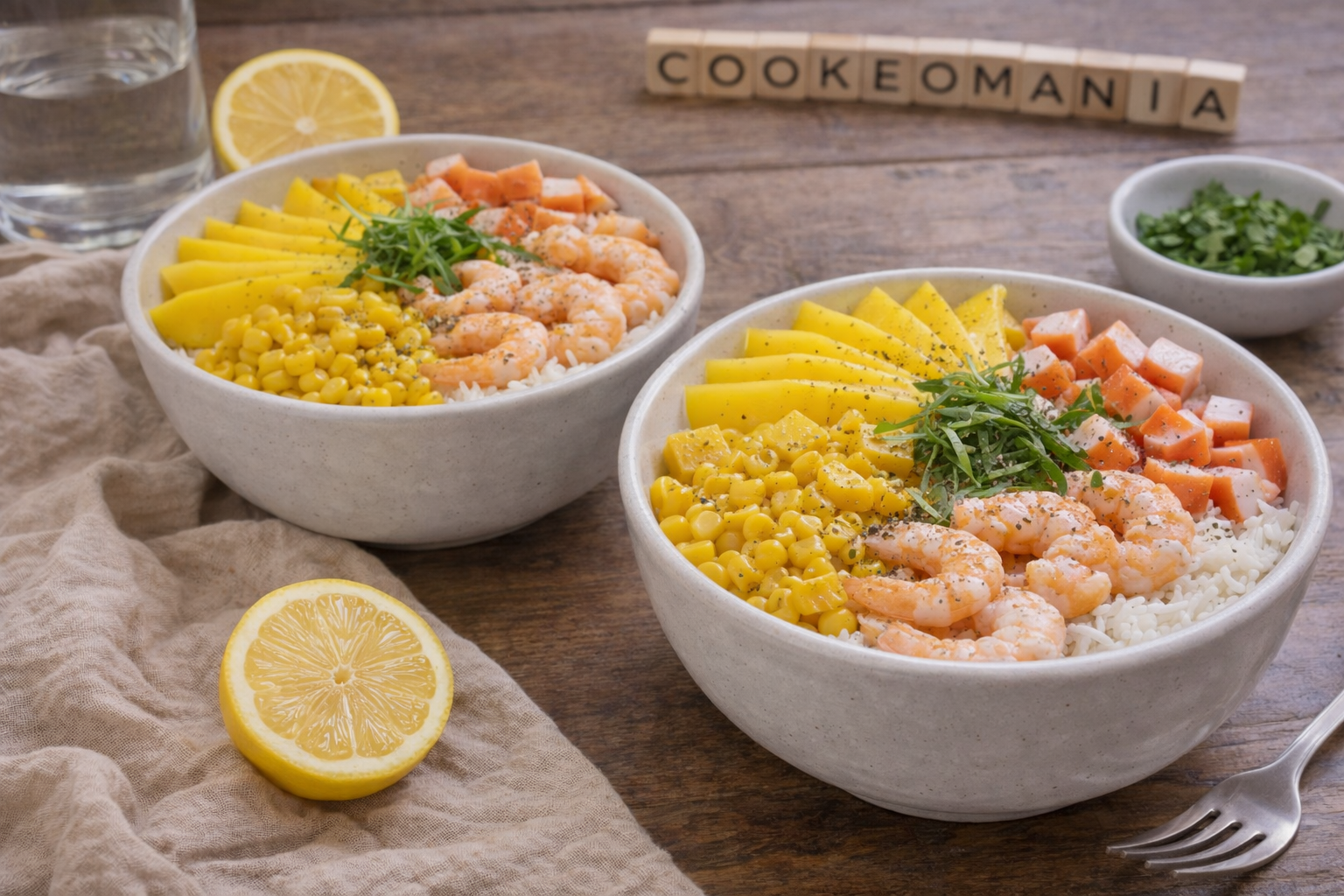Bowl hawaïen au riz, crevettes et mangue au cookéo