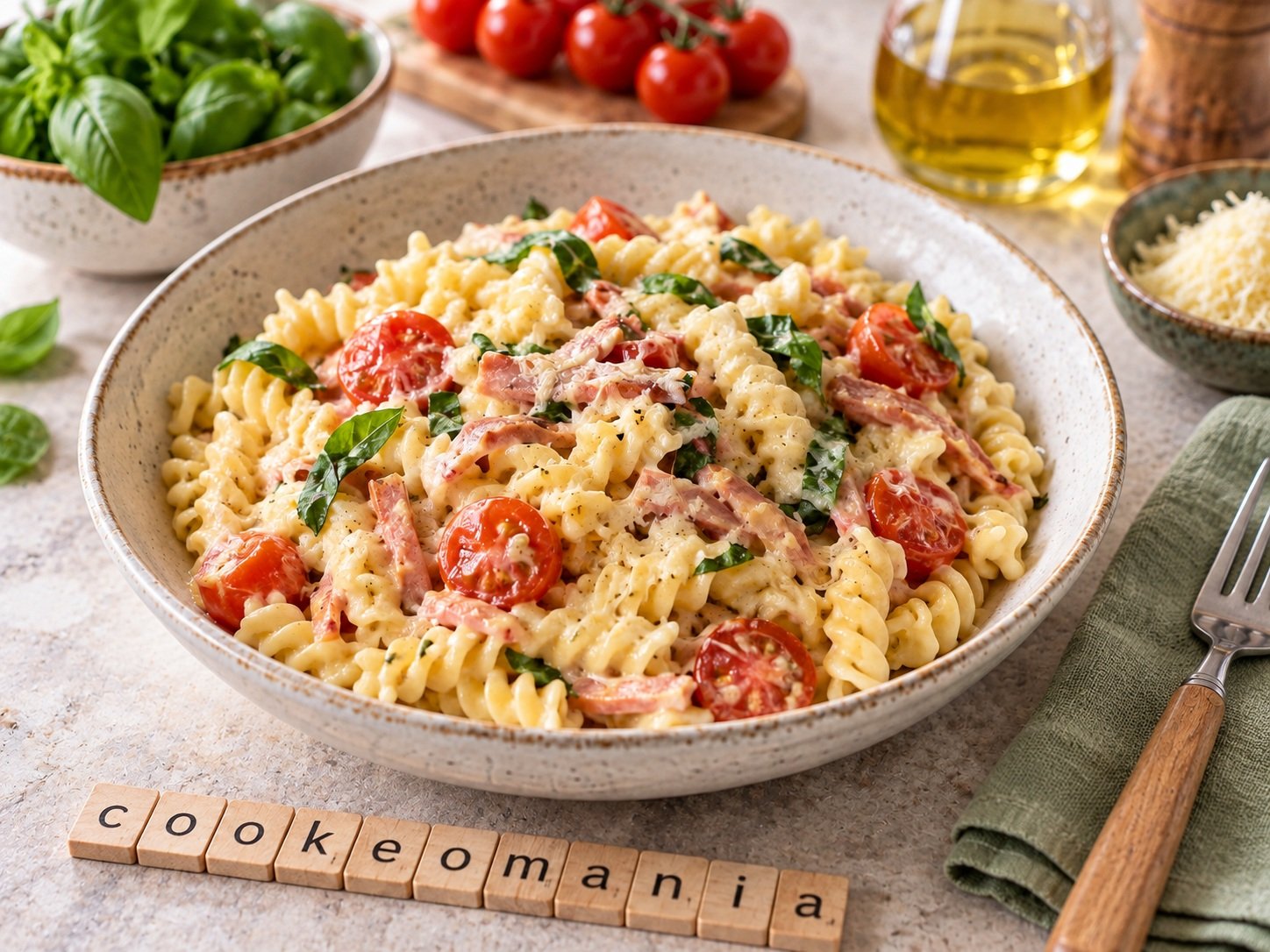 Fusilli fondants au jambon, tomates cerises et gruyère au robot multi-cuiseur cookéo
