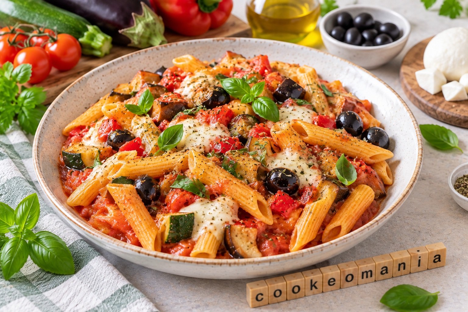 Penne méditerranéennes aux légumes et mozzarella fondante au cookéo