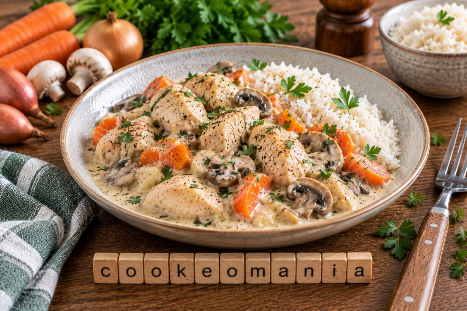 Poulet aux champignons, carottes et crème au vin blanc au robot multi-cuiseur Moulinex