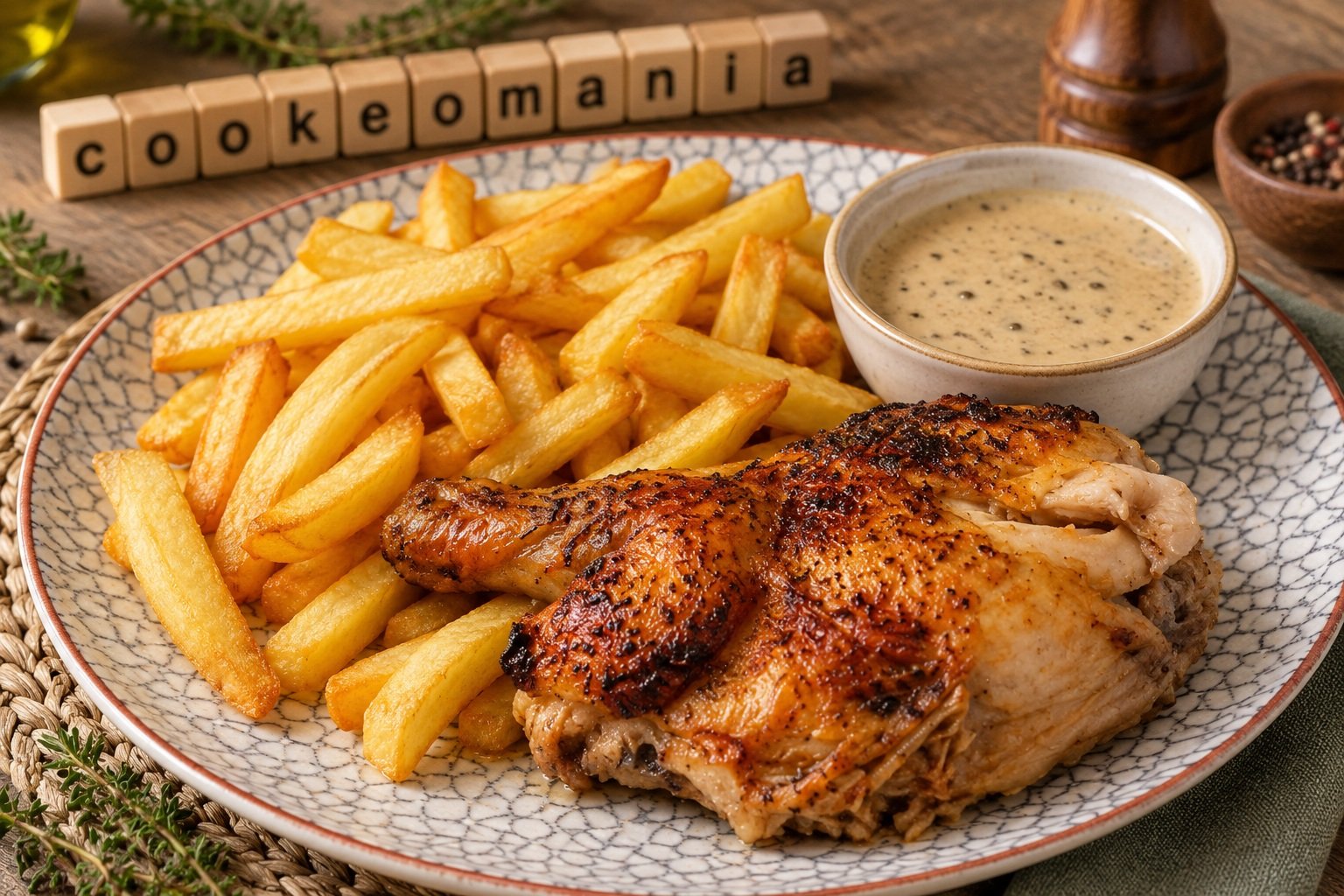 Poulet rôti du dimanche, frites et sauce crémeuse au poivre au robot multi-cuiseur Moulinex