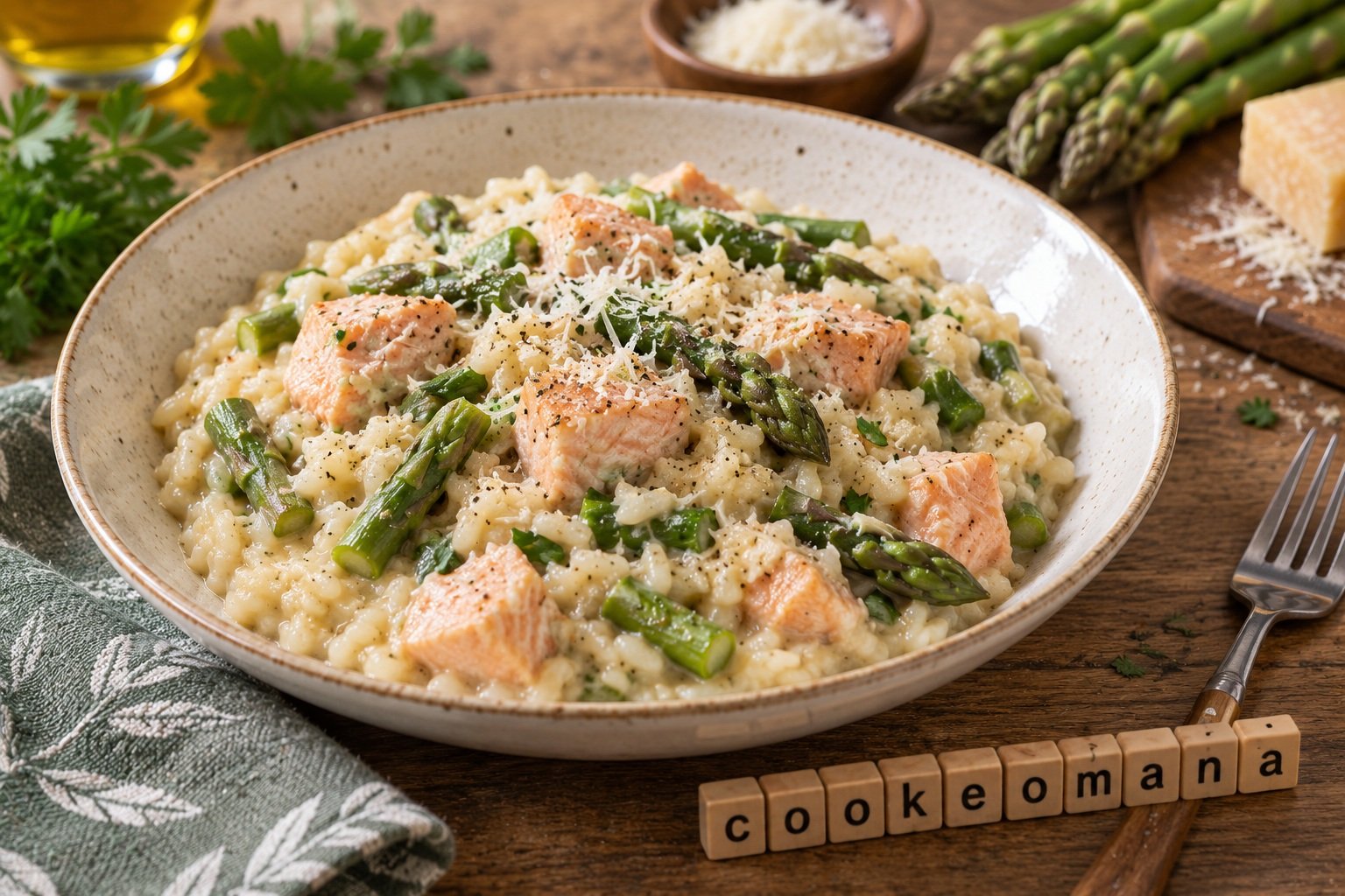 Riz crémeux au saumon, asperges et parmesan à l'autocuiseur Moulinex