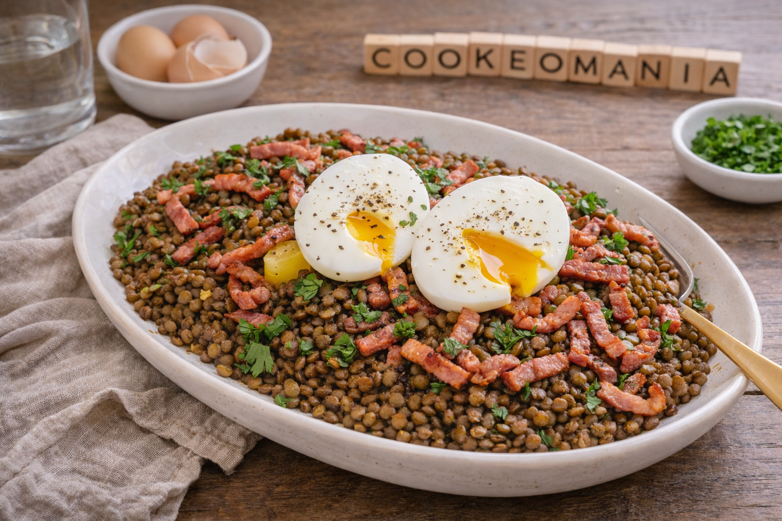 Salade de lentilles au bacon et œufs mollets à l'autocuiseur Moulinex
