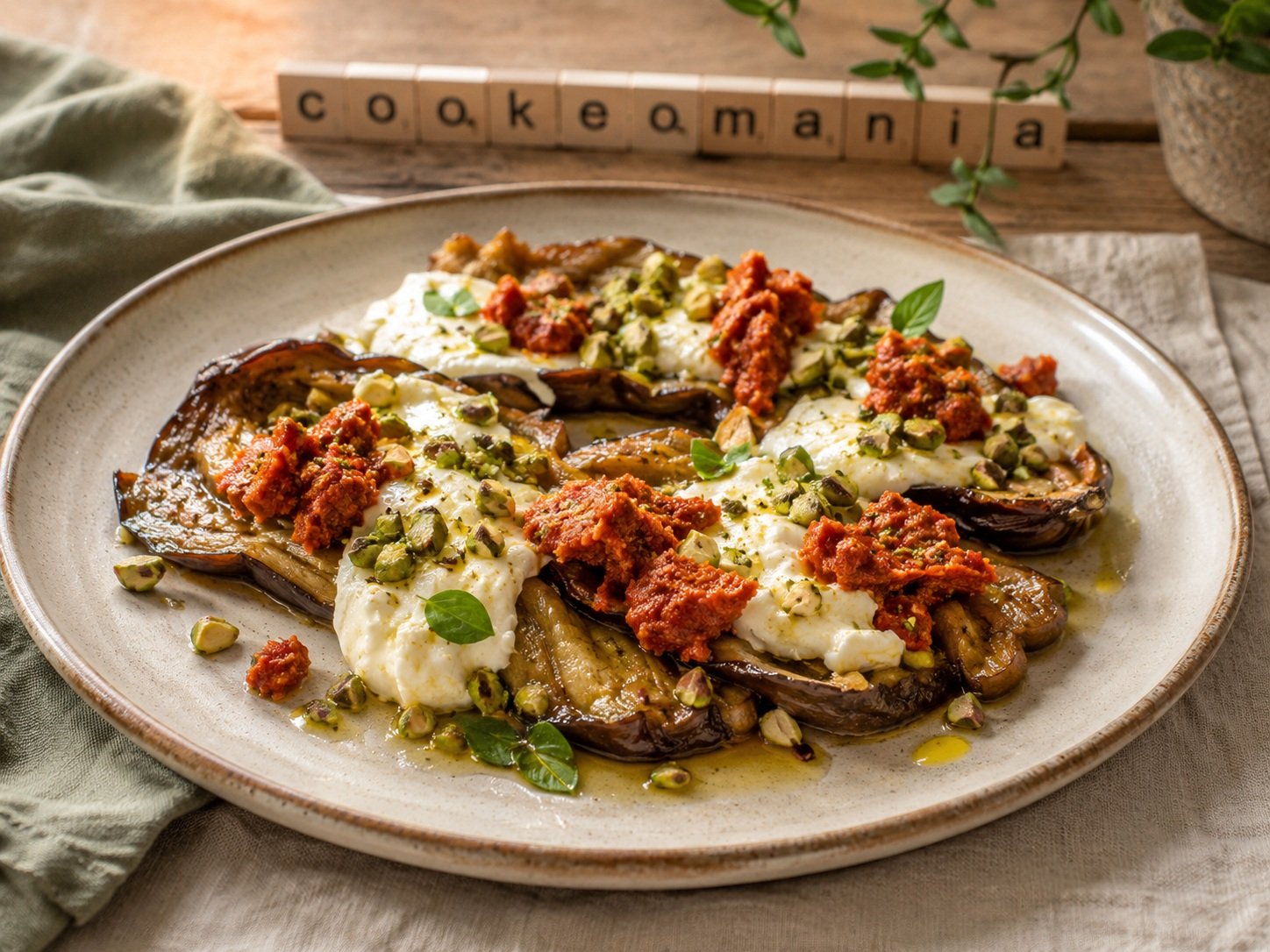 Aubergine fondante à la burrata, sobrasada et miel au multicuiseur Moulinex