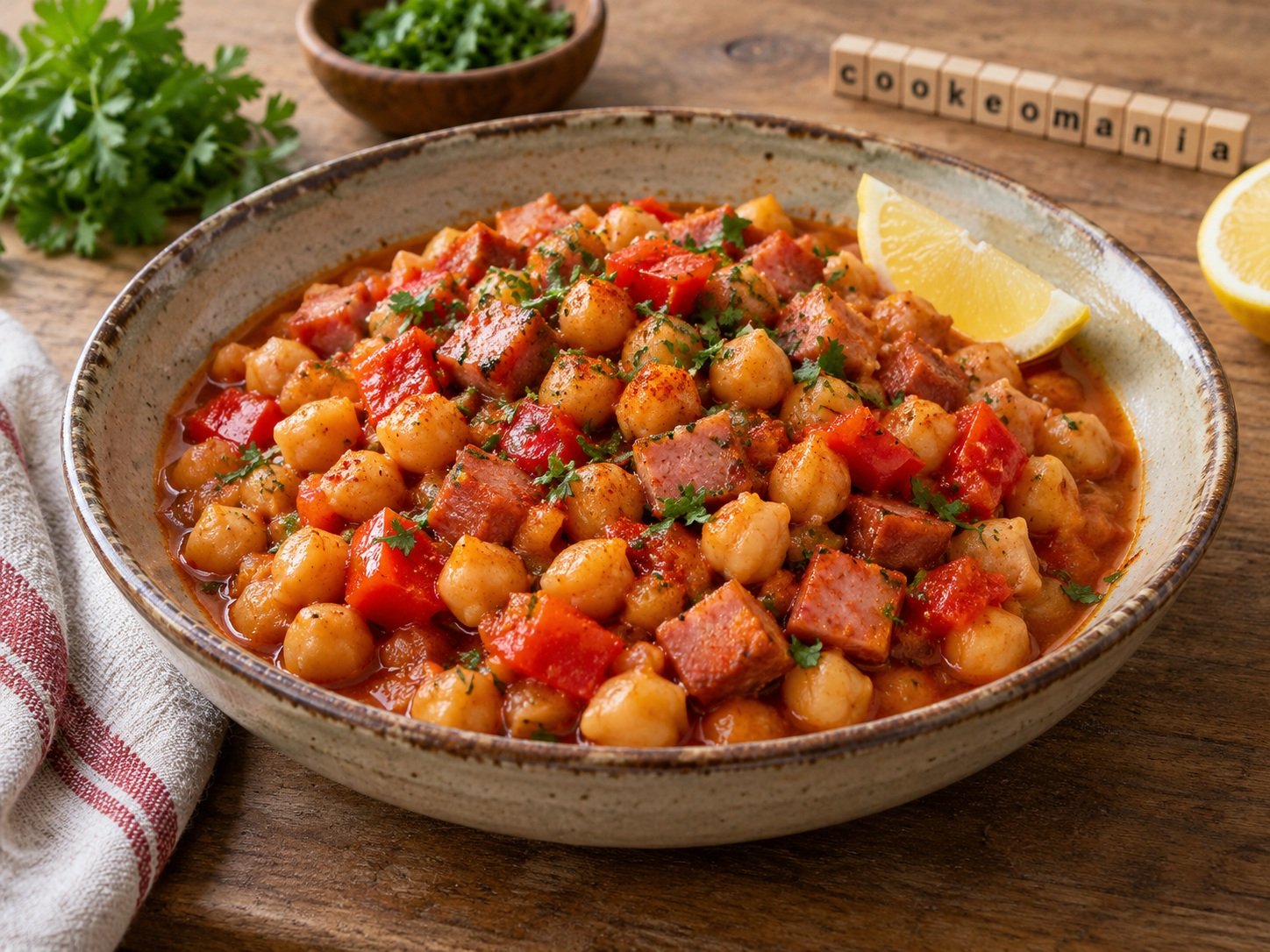 Pois chiches mijotés au jambon et poivron rouge à l'autocuiseur cookéo