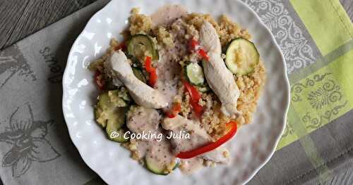 SALADE DE PILPIL, POULET ET LÉGUMES, SAUCE CRÉMEUSE À L'ORANGE 