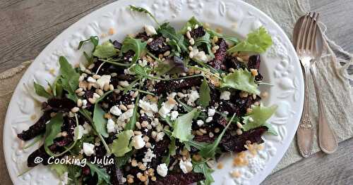 SALADE TIÈDE DE BETTERAVE, LENTILLES CORAIL ET CHÈVRE