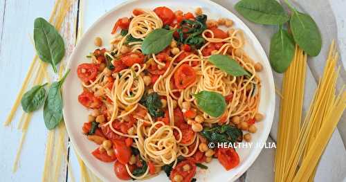 SPAGHETTI AUX POIS CHICHES ET TOMATES CERISES RÔTIES