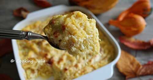 GRATIN DE COURGE SPAGHETTI AUX RAVIOLES ET JAMBON CRU