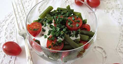 VERRINES DE HARICOTS VERTS ET TOMATES CERISES, CRÈME DE CHÈVRE AU WASABI