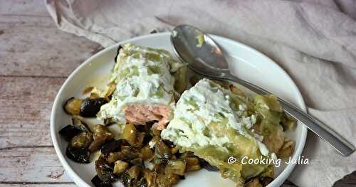 PAPILLOTES DE SAUMON AUX AUBERGINES ET RAVIOLES