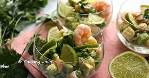 TARTARE D'AVOCAT AUX CREVETTES ET PETITS POIS